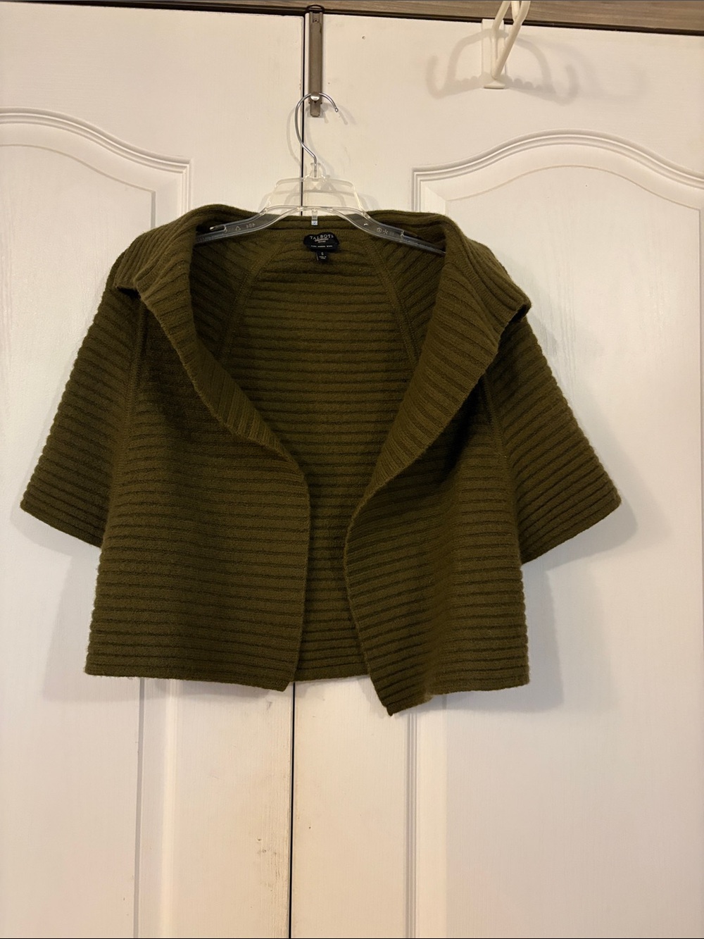 Talbots Olive Ribbed Open-Front Short-Sleeve Cardigan Shrug